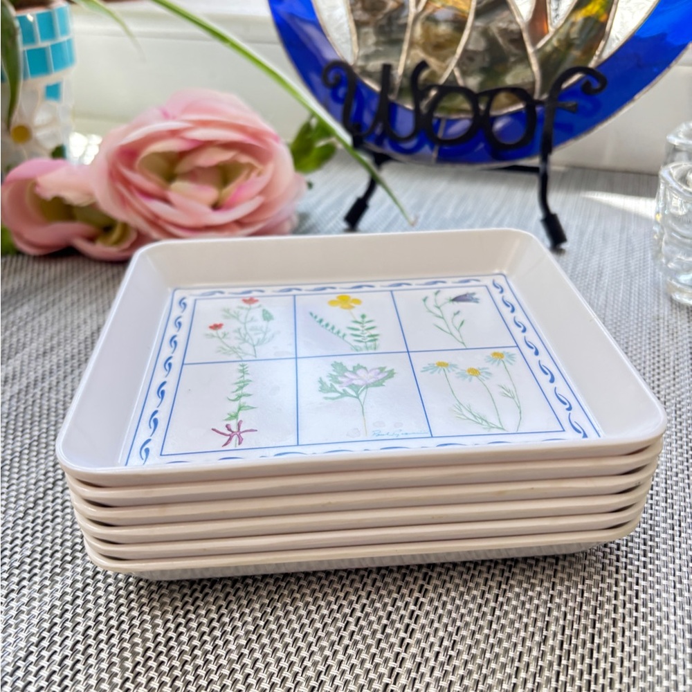 1980s vintage signed Paul Giannini floral melamine serving trays (set of 6)